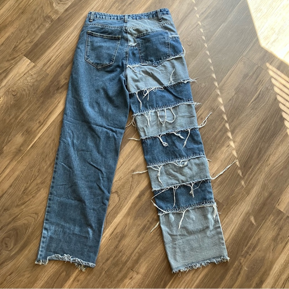 NEW RARE DISTRESSED PATCH COLORBLOCK JEANS - Picture 12 of 15
